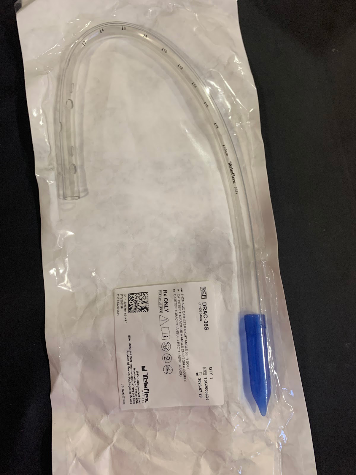 THORACIC CATHETER RIGHT ANGLE 36FR SOFT