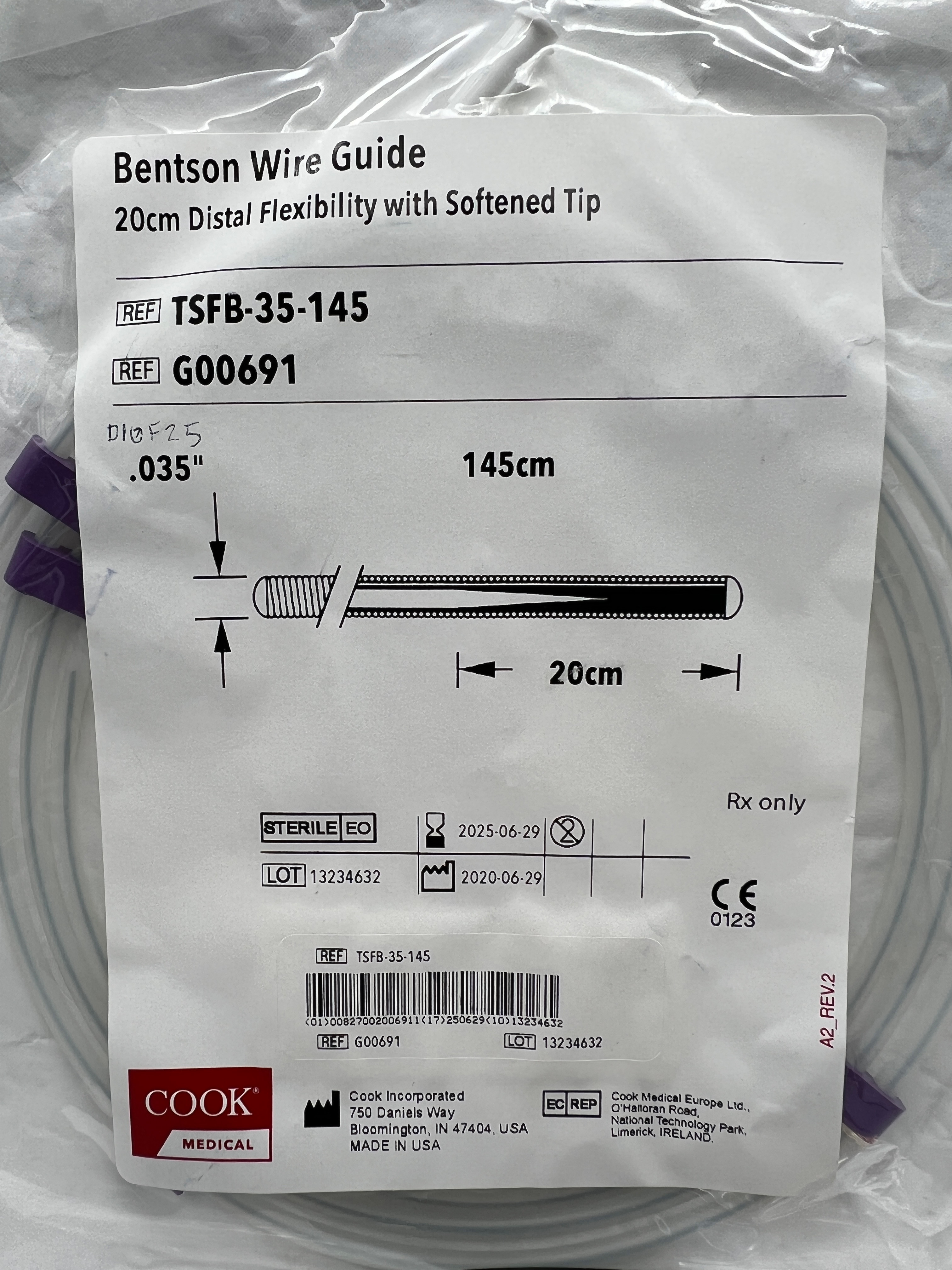 BENTSON WIRE GUIDE 20CM DISTAL FLEXIBILITY WITH SOFTENED TIP