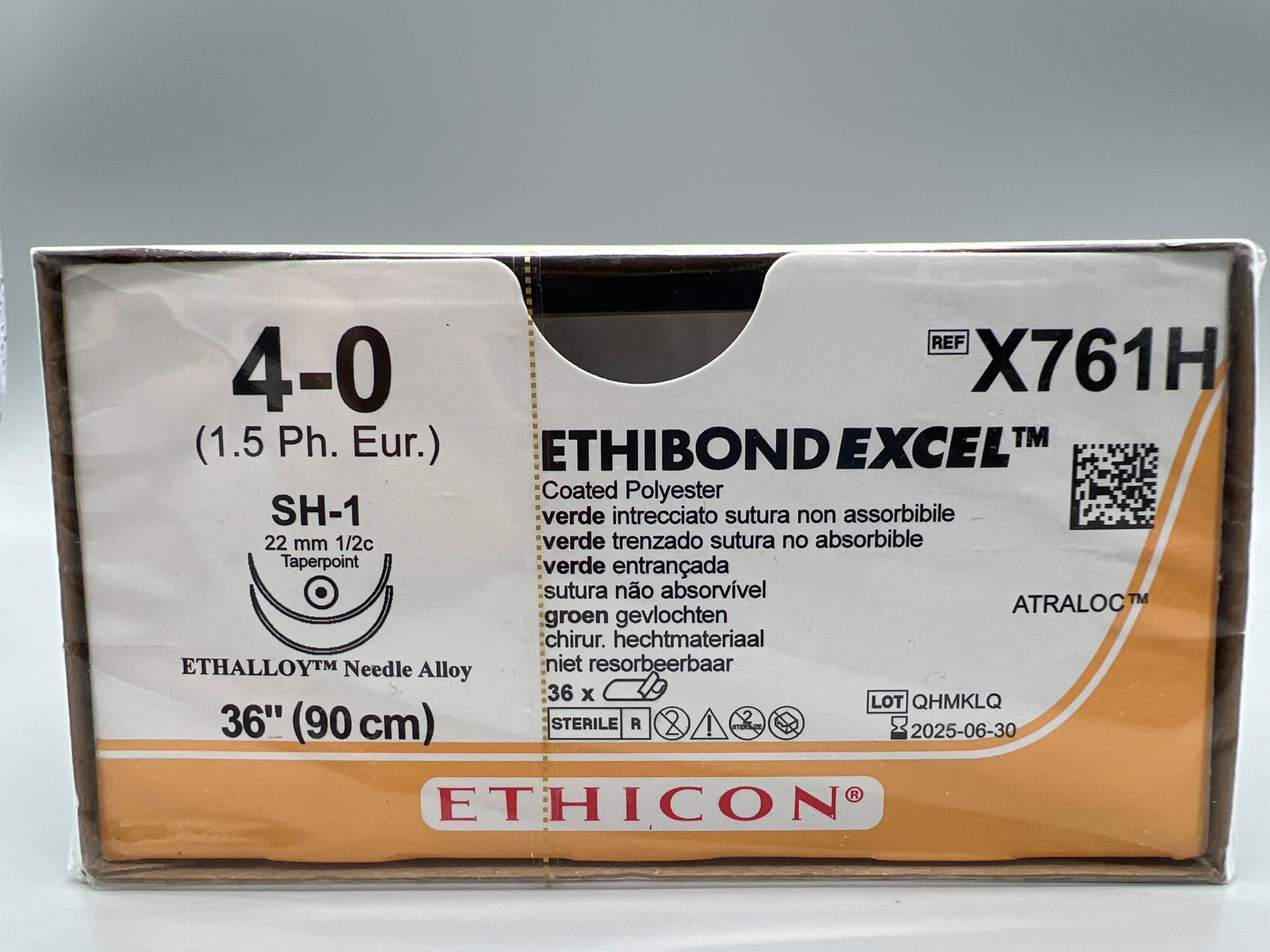 ETHIBOND EXCEL COATED POLYESTER GREEN BRAIDED NON-ABSORBABLE SUTURE SH-1 22MM 1/2C TAPERPOINT ETHALLOY NEEDLE ALLOY